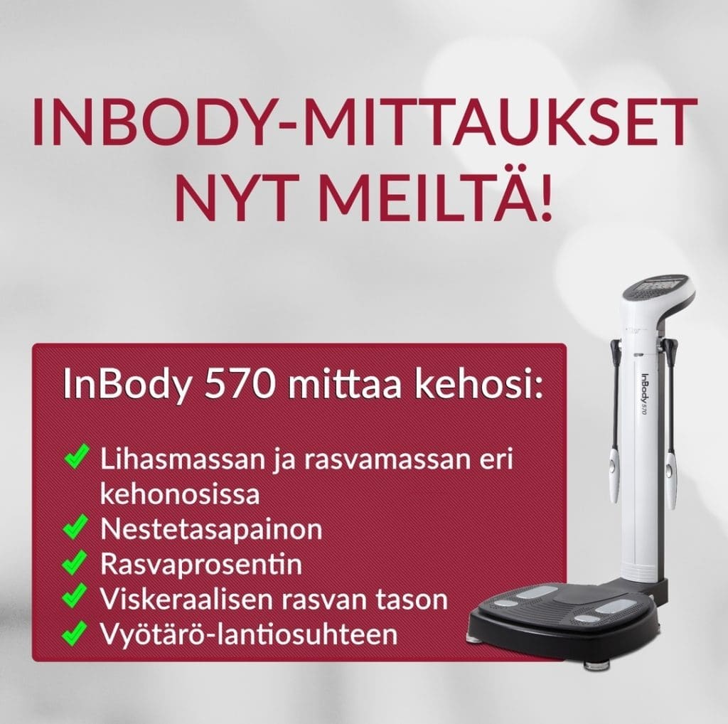 InBody kehonkoostumusmittaus Salukselta edulliseen hintaan. InBody-laitteistolla mittaat kehosi rasva- ja lihasmääriä, nestetasapainoa ja viskeraalisen rasvan tasoa.